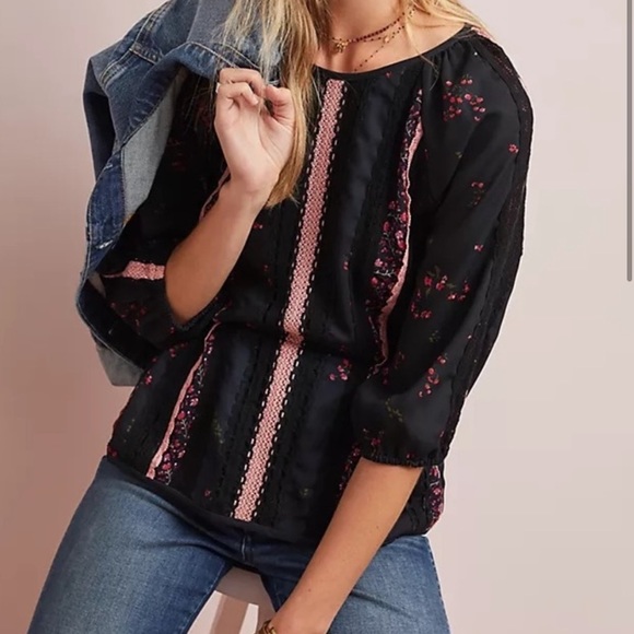 Anthropologie Tops - Anthropologie Seen Worn Kept Annemette Blouse Black Floral Motif